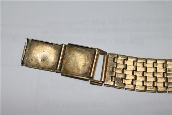 A gentlemans 1940s 9ct gold Omega wrist manual wind watch, with black Arabic dial on rolled gold bracelet.